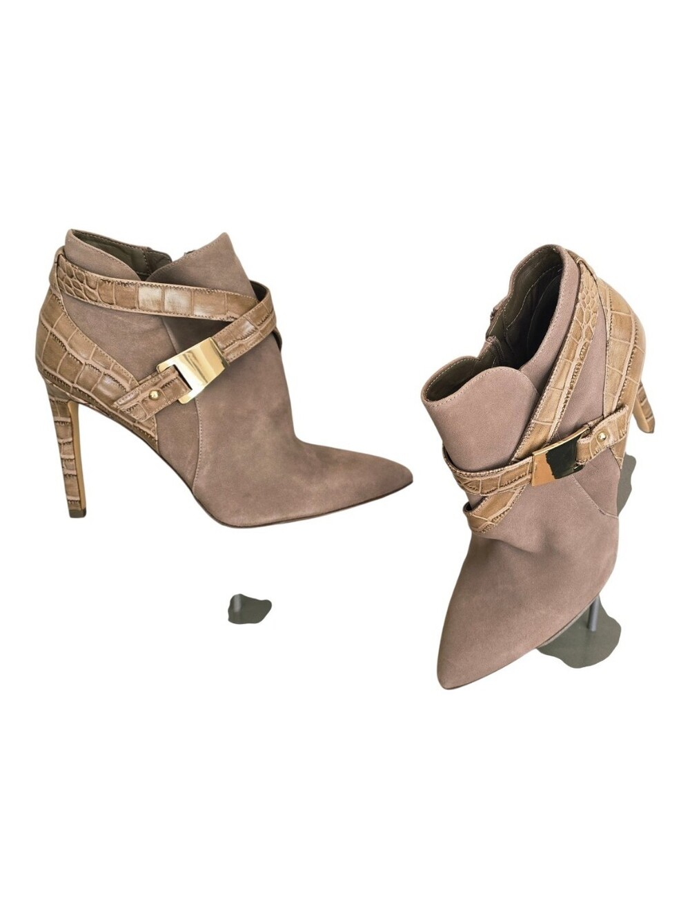 Gorgeous Guess Suede Pointed-Toe Ankle Booties w/ Croc-Trim Strap- Taupe Size 8